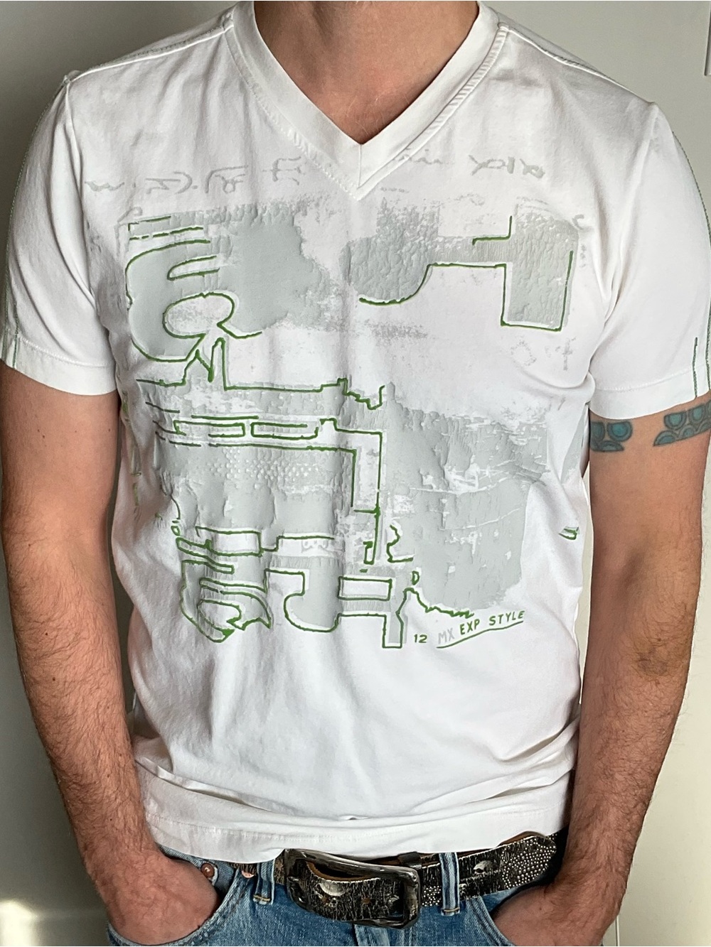 Mexx White V-Neck Tee with Green Outline Graphic